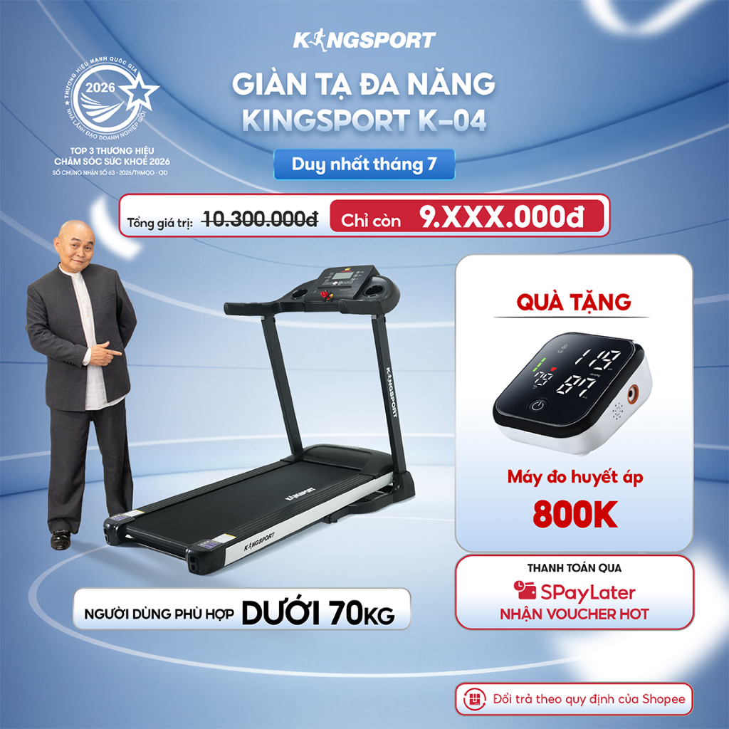 Máy chạy bộ KINGSPORT Plus K-04 đơn năng,thảm chạy rộng chống trơn, thiết kế nhỏ gọn