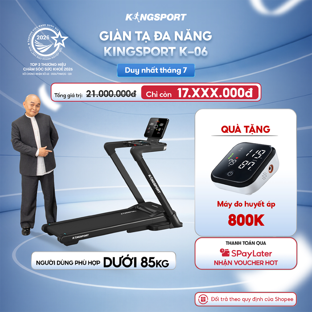 Máy chạy bộ KINGSPORT Legend K-06 Đơn Năng với nâng dốc tự động, động cơ DC tiết kiệm điện