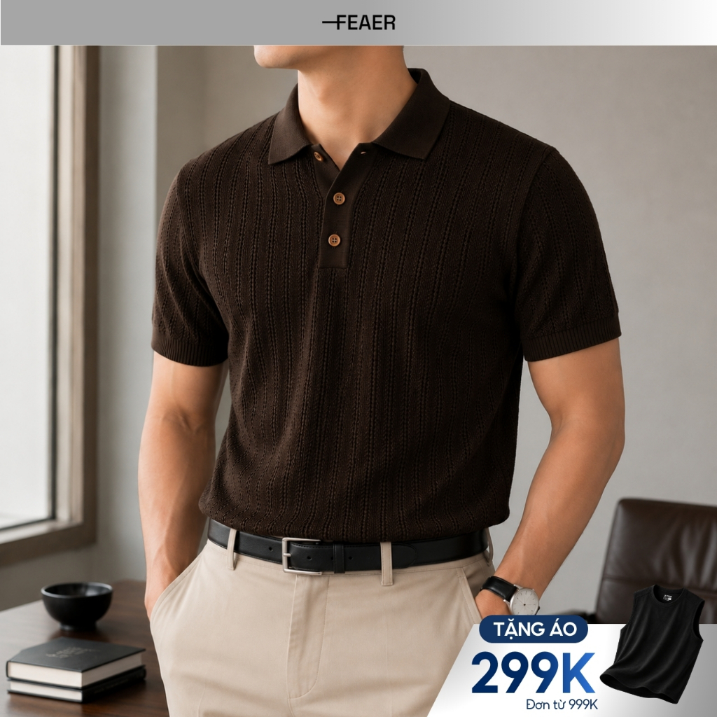 Áo polo MESH dệt kim màu nâu chocolate, bề mặt knit thoáng khí, form regular fit thanh lịch phong cách old money - FEAER
