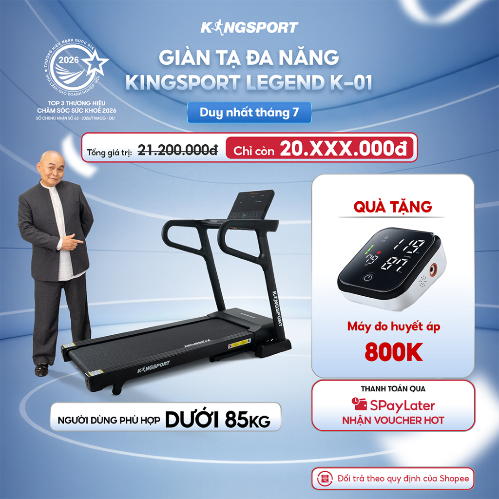 Máy chạy bộ KINGSPORT Legend K-01, nâng dốc tự động 15%, điều khiển cảm ứng hiện đại
