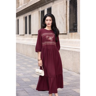 SWANLAKE | Váy Đầm Nữ Maxi Đuôi Cá Xòe Vải Linen Hàn Thêu Hoa Cổ Tròn Tay Lỡ Dây Thắt Eo D13700