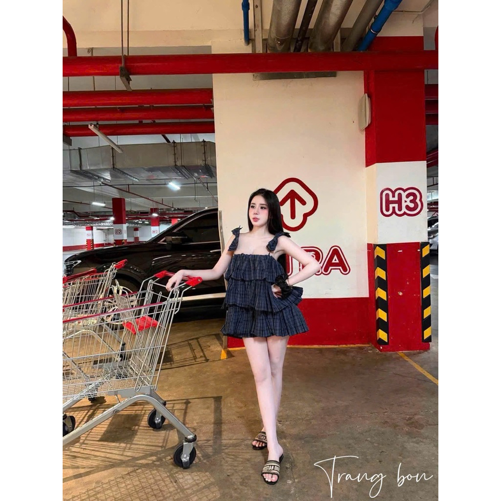Set áo 2 dây kẻ nơ vaiixx quần sooc ngắn