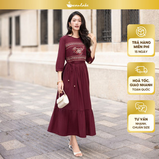 SWANLAKE | Váy Đầm Nữ Maxi Đuôi Cá Xòe Vải Linen Hàn Thêu Hoa Cổ Tròn Tay Lỡ Dây Thắt Eo D13700