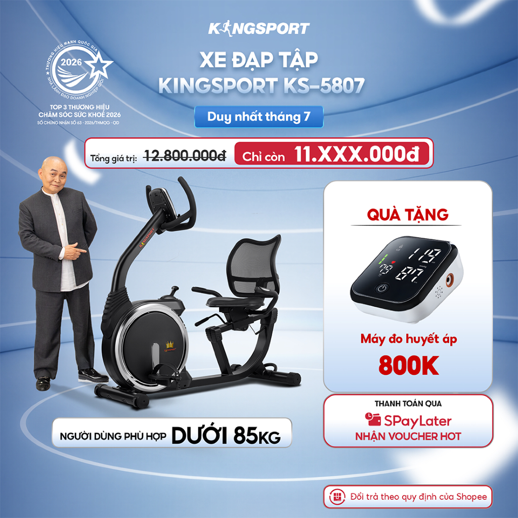 Xe đạp tập KINGSPORT KS-5807 kháng lực từ tính, ghế tựa phù hợp người lớn tuổi