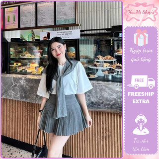 Set đồ nữ,đồ bộ nữ áo phông cộc tay thêu ngực mix khăn choàng thủy thủ phối chân váy ngắn xếp ly HCOM2453  YuuMi Style