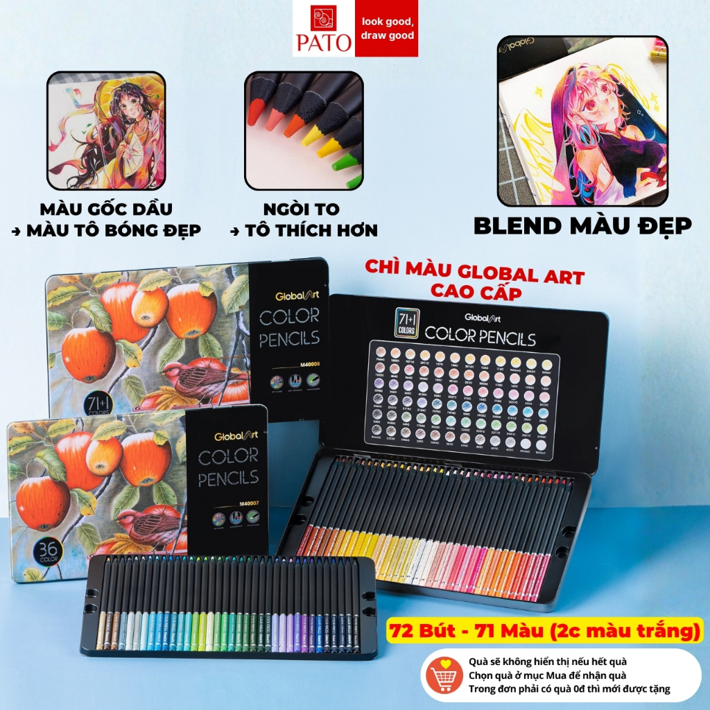 [Kèm Chì Trắng] Bút Chì Màu Gốc Dầu GLOBAL ART 71+1 Màu, Lõi 4mm Khó Gãy Che Phủ Tốt, Màu Mịn Tô Bóng Đẹp, Blend Màu Xịn