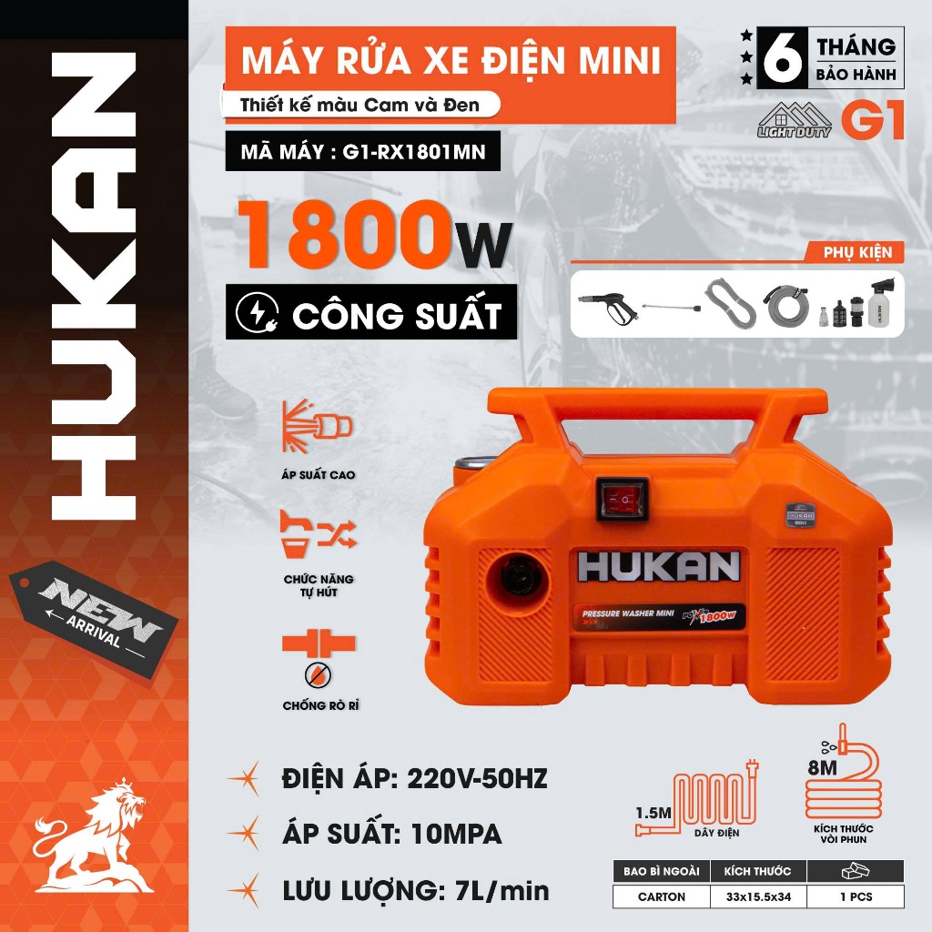 Máy Rửa Xe Mini HUKAN G1-RX1801MN, Áp Suất 10MPA, Động Dây Đồng Bền Bỉ, Tặng bộ phụ kiện