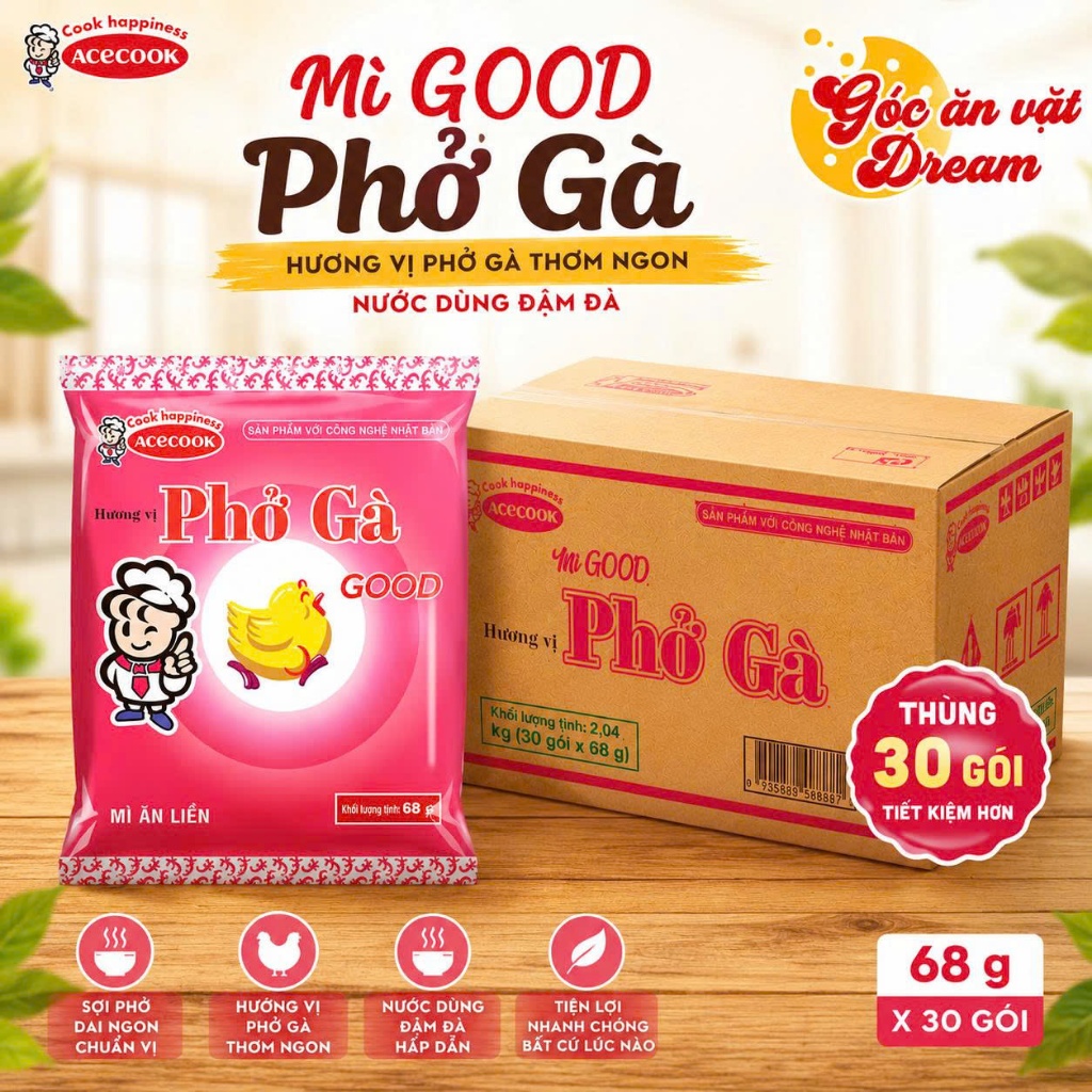 (Thùng 30 Gói)Mì GOOD Phở Gà 68g Chính Hãng - Mì Ăn Liền Hương Vị Phở Gà, Mì Gói Tiện Lợi Thơm Ngon Đậm Đà Cho Gia Đình