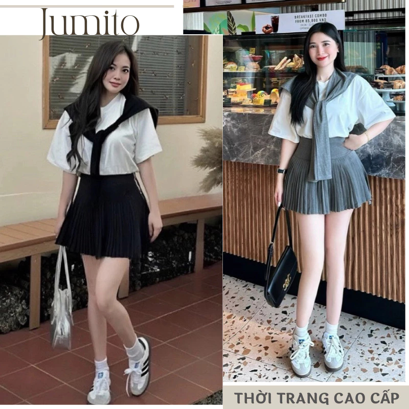 Set đồ nữ áo phông trơn thêu ngựa kèm khăn phối chân váy Jumito, đồ bộ nữ trong cách thời trang hiện đại HCOM2453
