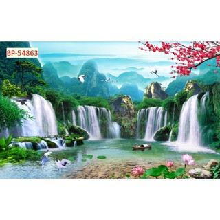 Tranh 3D Dán Tường Sơn Thủy Núi Non Thác Nước, tranh vải lụa kim tuyến dày dặn tặng keo dán