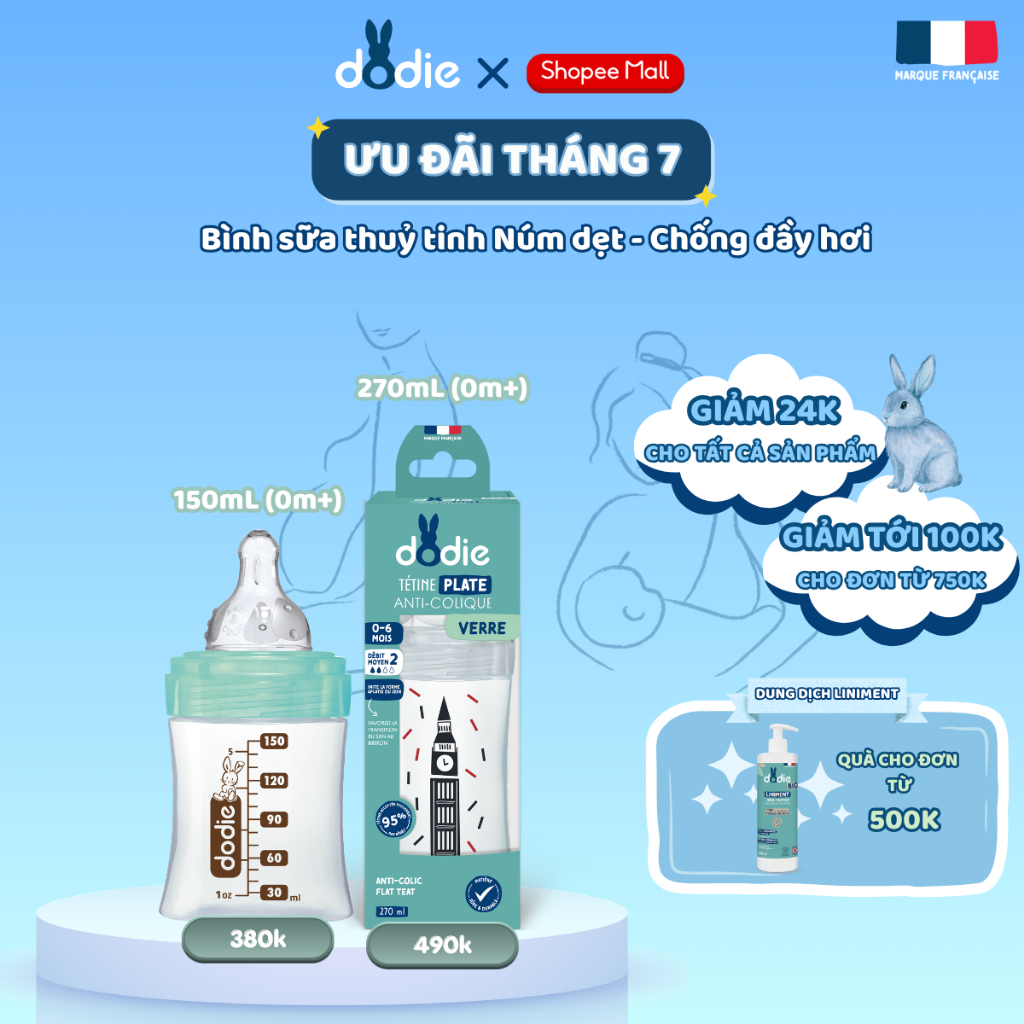 [DODIE] Bình sữa thuỷ tinh NÚM DẸT VERRE - Chống đầy hơi - 150ml/270ml - Đa tốc độ