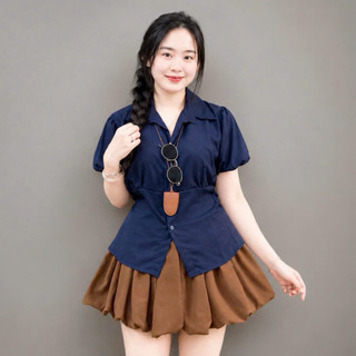 Set đồ bigsze nữ áo sơ mi tay phồng cổ sơ mi, chân váy bí tùng xòe lưng chun co giãn thoải mái SM189/SM192+CV413