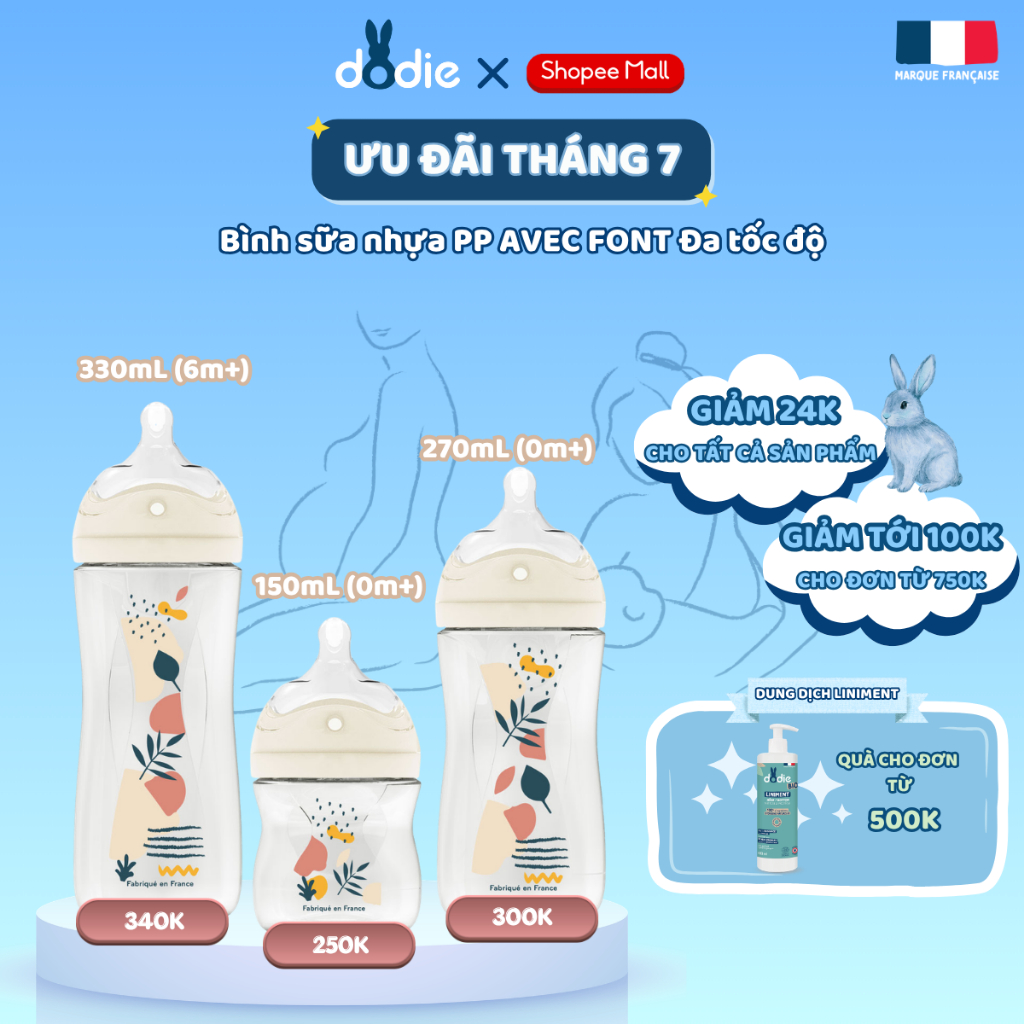[DODIE] Bình sữa nhựa PP AVEC FONT đa tốc độ chống đầy hơi - 150ml/270ml/330ml - Xanh/Hồng