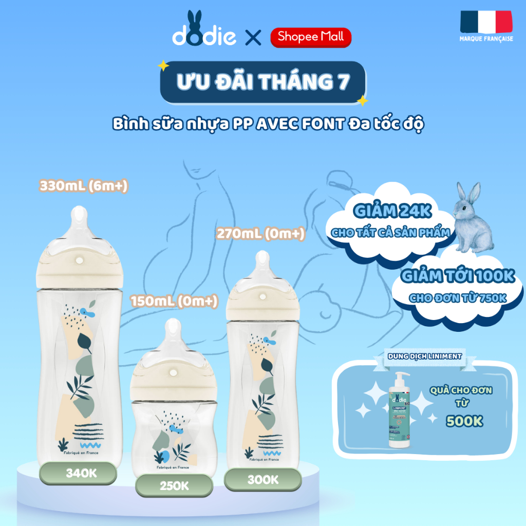 [DODIE] Bình sữa nhựa PP AVEC FONT đa tốc độ chống đầy hơi - 150ml/270ml/330ml - Xanh/Hồng