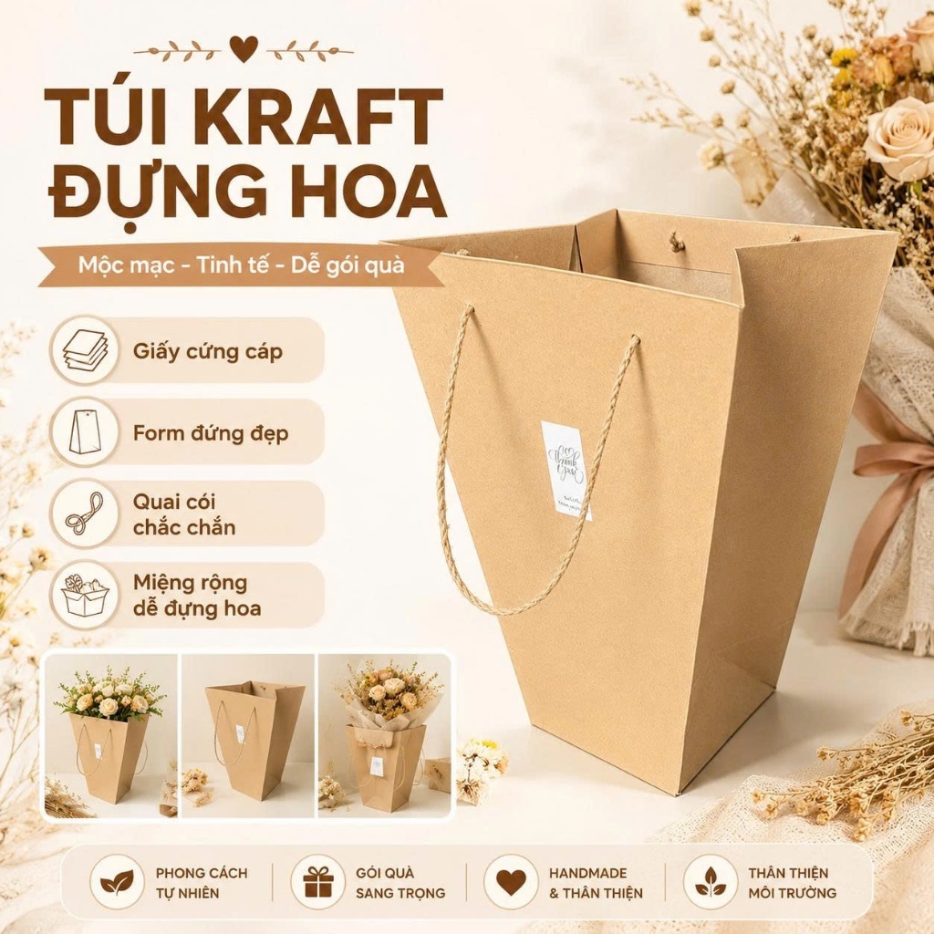 Combo 25 Túi Đựng Hoa Giấy Kraft Màu Nâu Cao Cấp Quai Cói – Túi Gói Hoa, Túi Đựng Quà Tặng, Túi Giấy Kraft Miệng Rộng