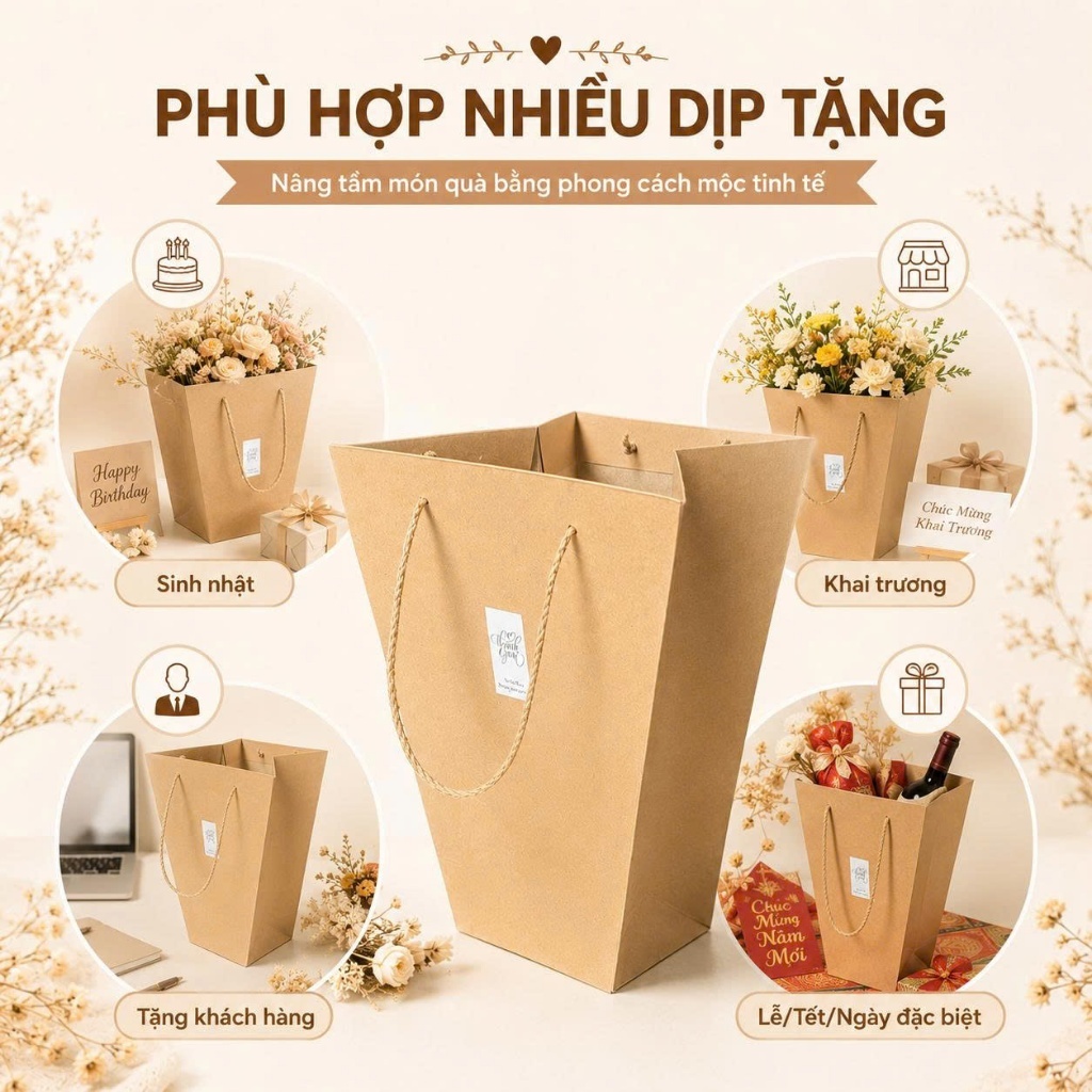 Combo 25 Túi Đựng Hoa Giấy Kraft Màu Nâu Cao Cấp Quai Cói – Túi Gói Hoa, Túi Đựng Quà Tặng, Túi Giấy Kraft Miệng Rộng