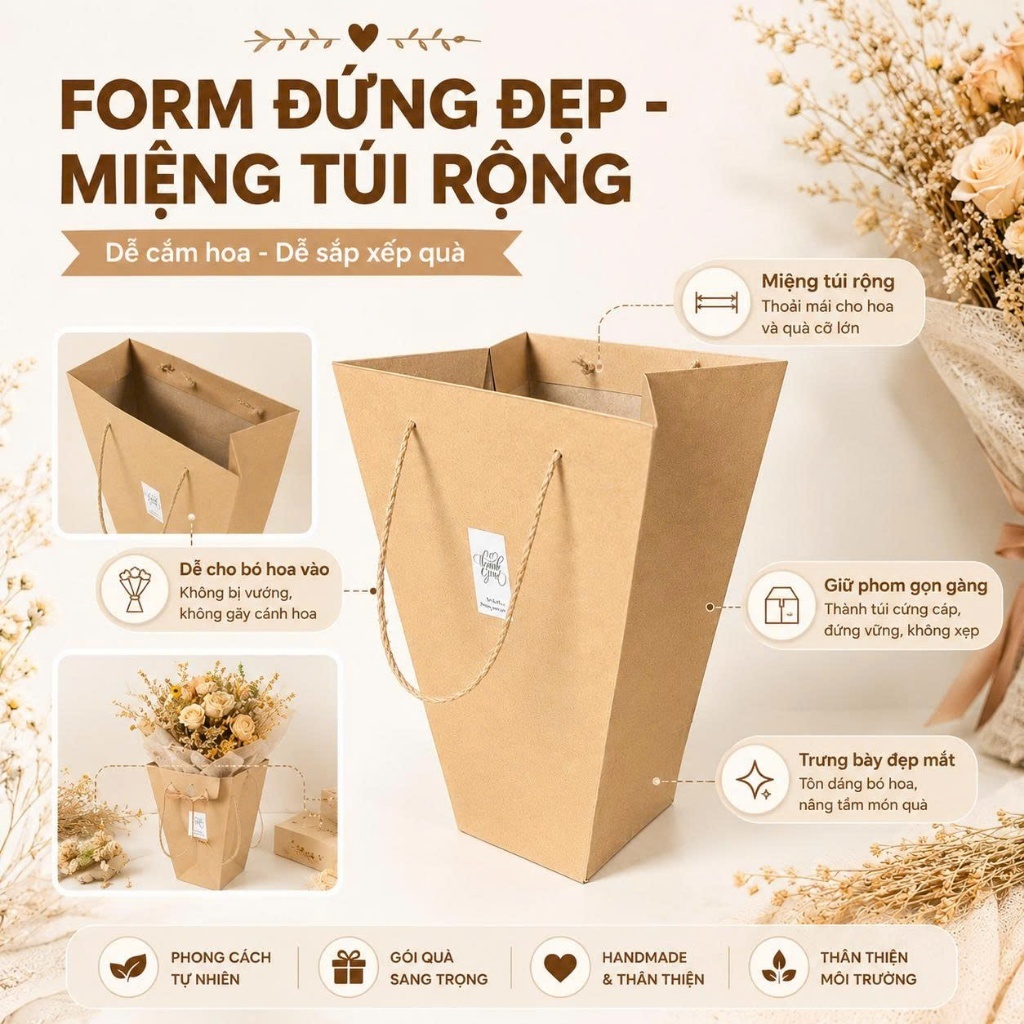 Combo 25 Túi Đựng Hoa Giấy Kraft Màu Nâu Cao Cấp Quai Cói – Túi Gói Hoa, Túi Đựng Quà Tặng, Túi Giấy Kraft Miệng Rộng