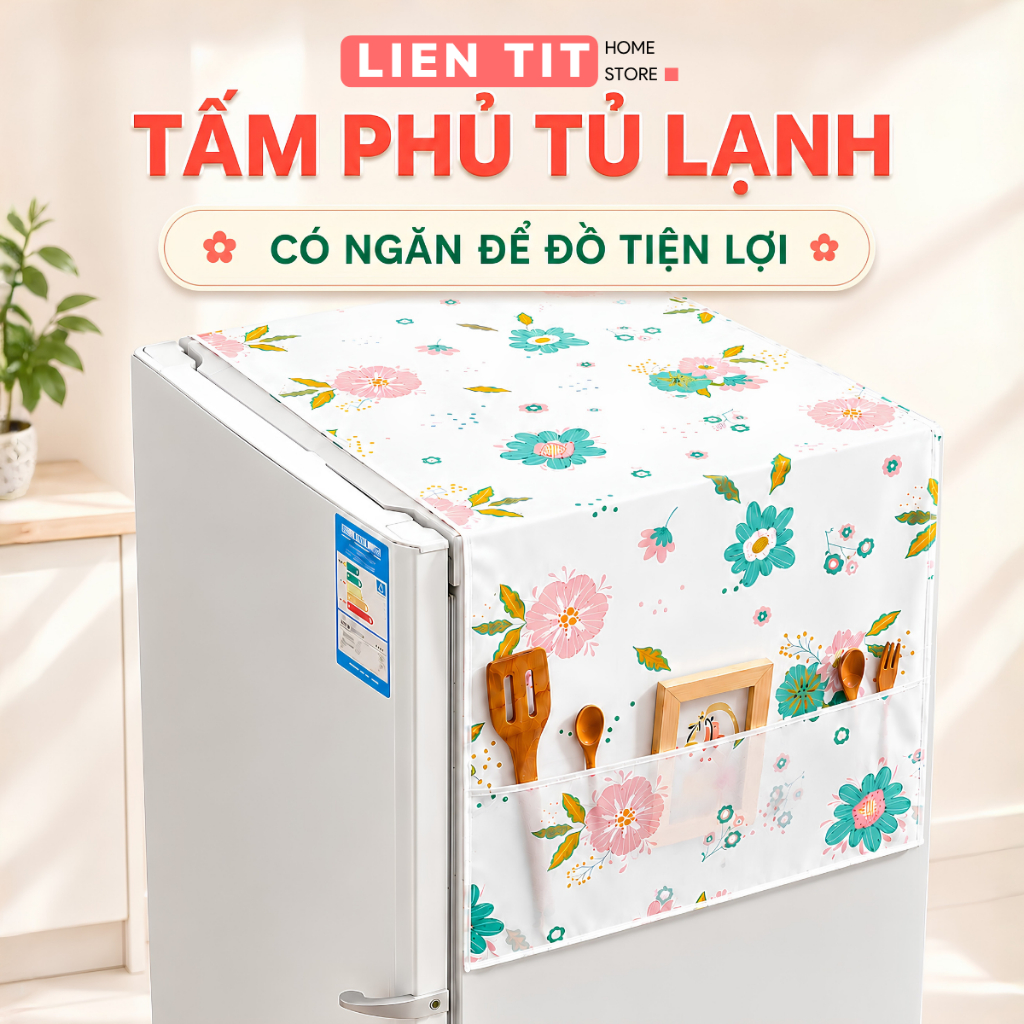 Tấm Phủ Tủ Lạnh Có Ngăn Để Đồ PEVA Chống Bụi Chống Thấm, Khăn Phủ Tủ Lạnh Trang Trí Nhà Bếp