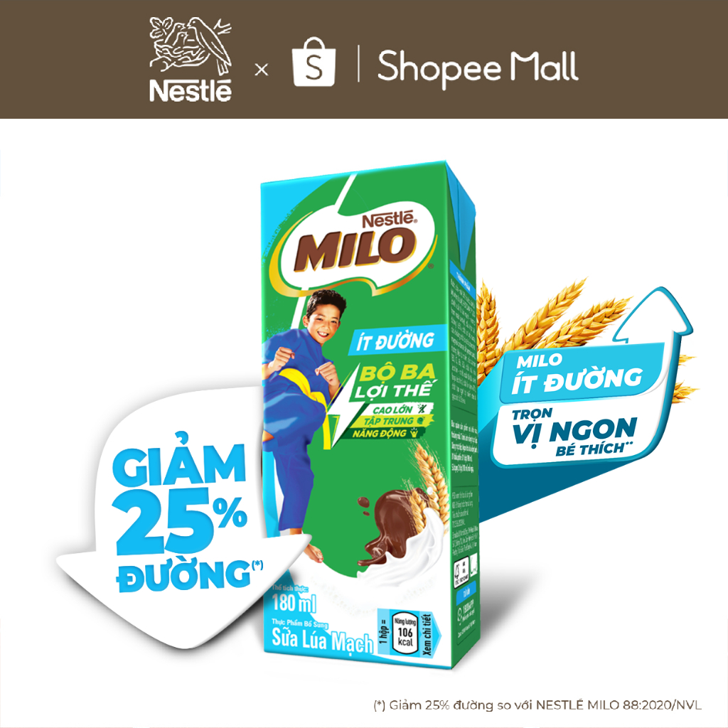 Thùng Sữa lúa mạch Nestle MILO ít đường (48 Hộp x 180ml)