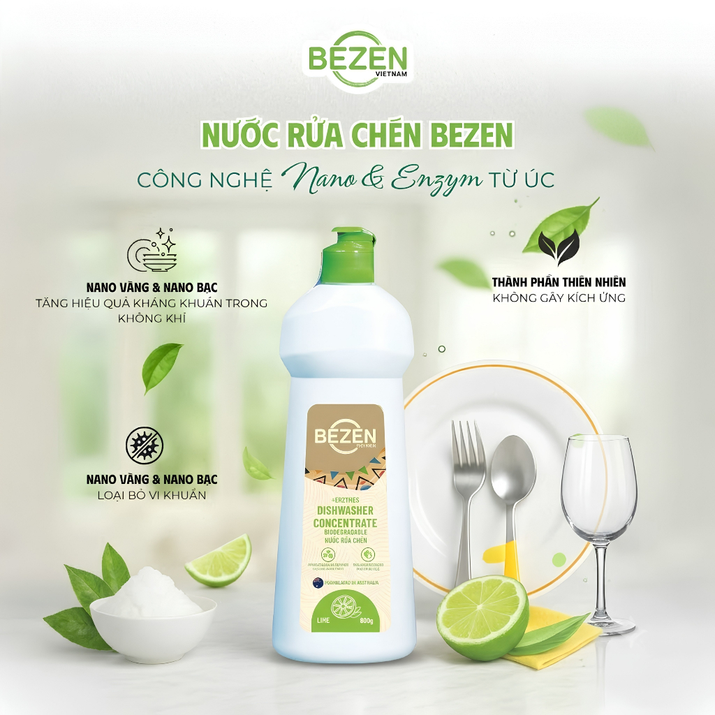 Nước Rửa Chén Bát BEZEN 800g Nano Bạc & Enzyme Lành Tính - Sạch Dầu Mỡ, Khử Mùi Tanh