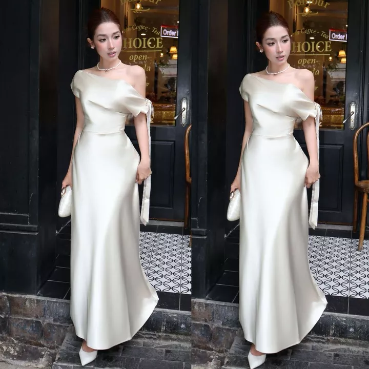 Đầm Lụa Dự Tiệc Trễ Vai Phối Nơ Lệch Vai Lụa Hàn NV684 Váy Lụa Đầm Dự Tiệc Cưới Lệch Vai Dây Thắt Được Nhiều Kiểu Nữ