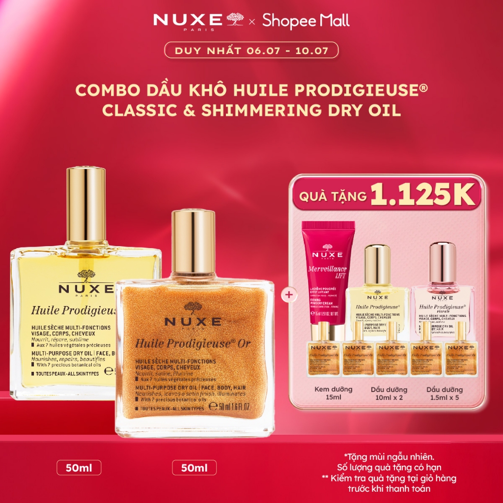 Combo Dầu khô đa năng Nuxe Huile Prodigieuse Multi-Purpose Dry Oil & Shimmering Dry Oil 50ml