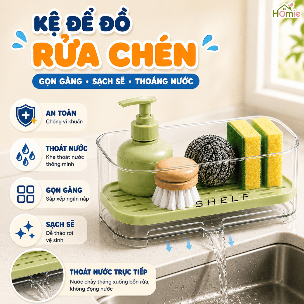 Kệ Để Đồ Rửa Chén Trong Suốt Có Khay Thoát Nước HOMIE, Giá Để Đồ Bồn Rửa Bát ABS Cao Cấp Chống Ẩm