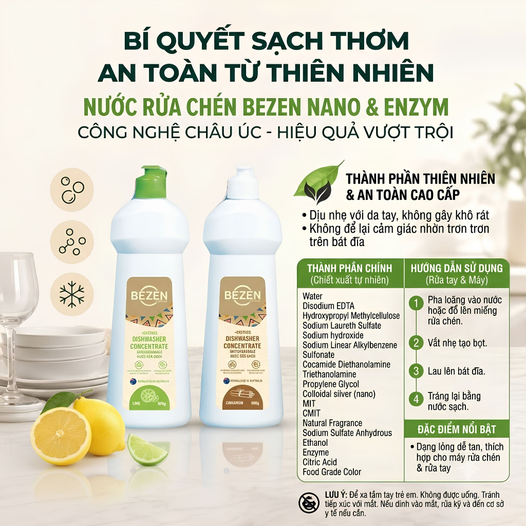 Nước Rửa Chén Bát BEZEN 800g Nano Bạc & Enzyme Lành Tính - Sạch Dầu Mỡ, Khử Mùi Tanh