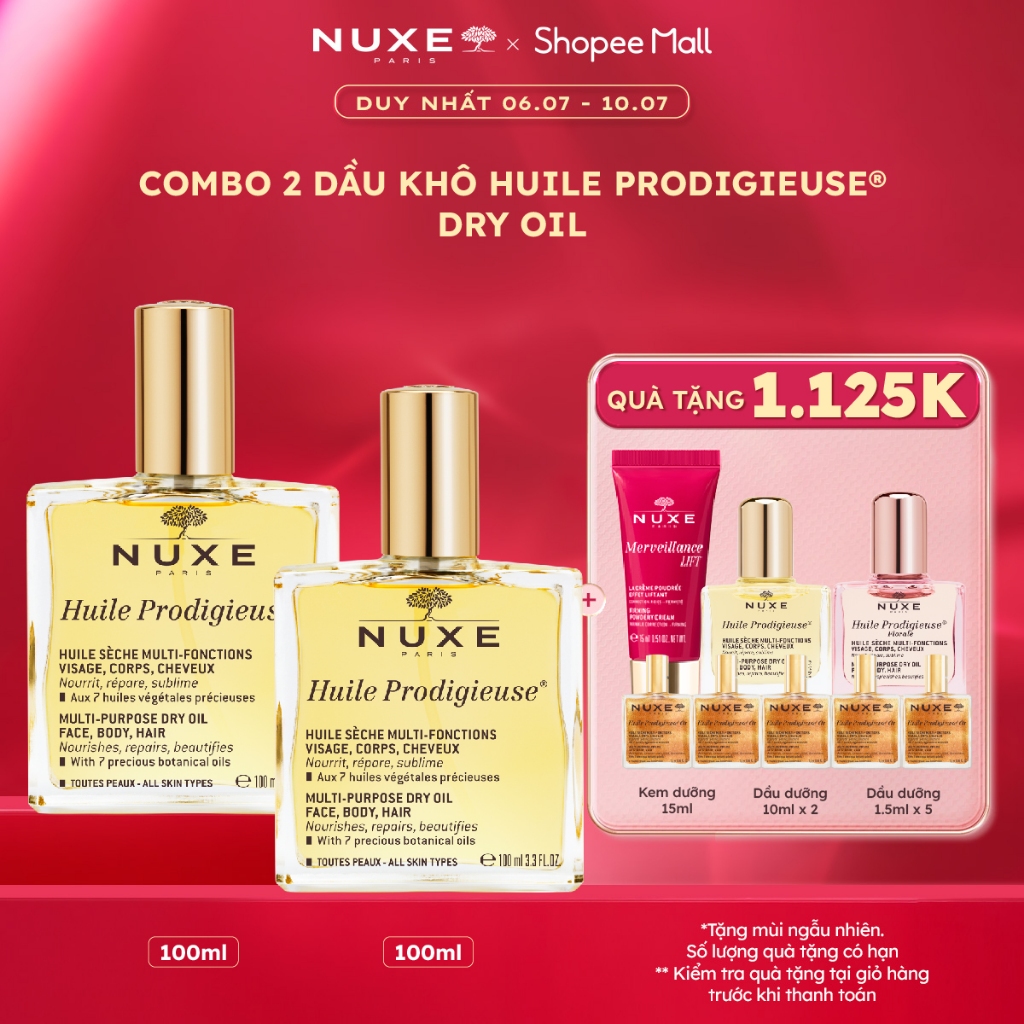 [Chỉ 6-10.7 - Tặng Quà 1125K] Combo 2 Dầu dưỡng khô đa năng Nuxe Huile Prodigieuse® 100ml