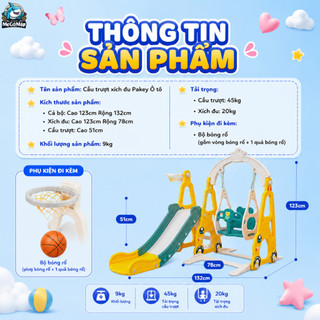 Cầu Trượt Cho Bé, Cầu Trượt Xích Đu Ô Tô Tặng Kèm Bóng Rổ Chịu Tải 60kg, Nhựa Dày Dặn