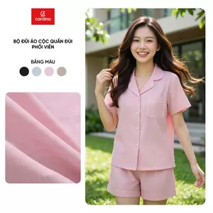 Bộ mặc nhà nữ CARDINA chất liệu đũi áo cộc quần đùi phối viền 6PCN01