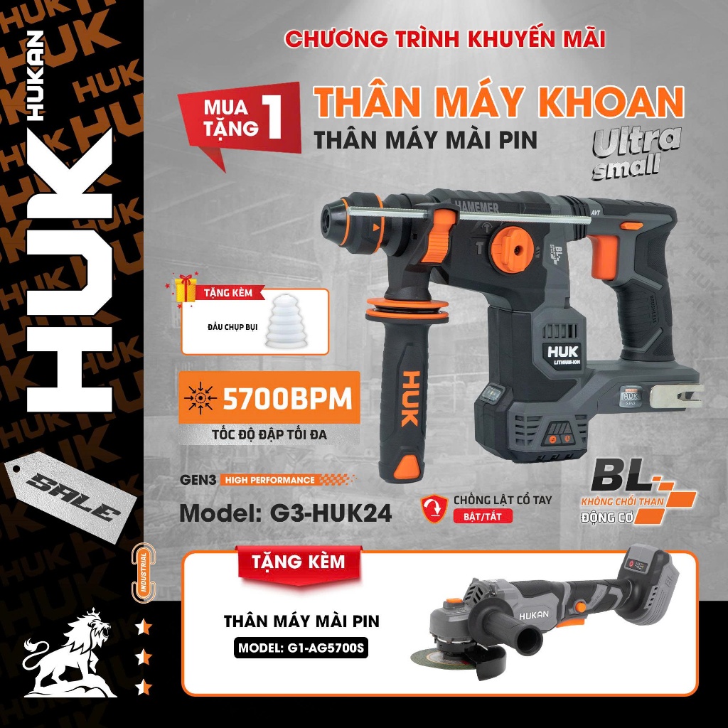 Thân Máy Khoan Bê Tông HUKAN G3-HUK24| 3 Chức Năng,Chống Giật Ngược, Động Cơ Không Chổi Than, BH 12 Tháng