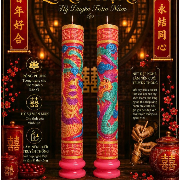 (Màu Hồng) Nến Cưới Rồng Phụng Cao Cấp| Đèn Cầy Cưới Long Phụng| Lễ Gia Tiên-Ăn Hỏi-Huỳnh Gia Candle