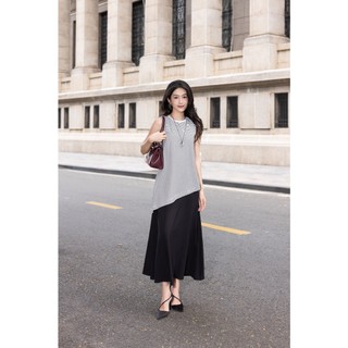 SWANLAKE | Váy Đầm Nữ Dài Phối Áo Sát Nách Vạt Chéo Kẻ Sọc Vải Thun Linen Hàn Cổ Tròn Dạo Phố D13847