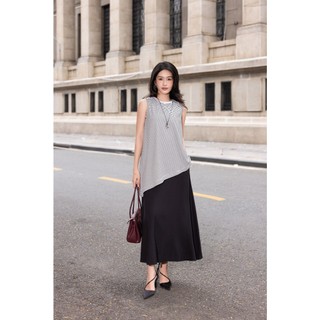 SWANLAKE | Váy Đầm Nữ Dài Phối Áo Sát Nách Vạt Chéo Kẻ Sọc Vải Thun Linen Hàn Cổ Tròn Dạo Phố D13847