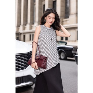 SWANLAKE | Váy Đầm Nữ Dài Phối Áo Sát Nách Vạt Chéo Kẻ Sọc Vải Thun Linen Hàn Cổ Tròn Dạo Phố D13847