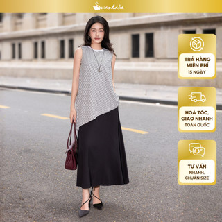 SWANLAKE | Váy Đầm Nữ Dài Phối Áo Sát Nách Vạt Chéo Kẻ Sọc Vải Thun Linen Hàn Cổ Tròn Dạo Phố D13847