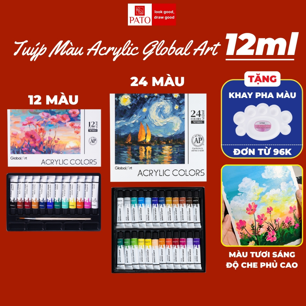 Màu Acrylic Tuýp 12ml GLOBAL ART 24 Màu Tươi Sáng, Độ Che Phủ Cao, Chồng Được Màu, Chống Nước, Vẽ Trên Nhiều Chất Liệu