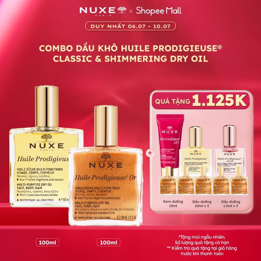Combo Dầu khô đa năng Nuxe Huile Prodigieuse Multi-Purpose Dry Oil & Shimmering Dry Oil 100ml