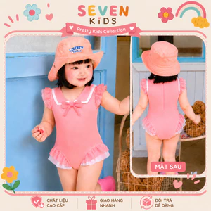 Đồ bơi bé gái liền thân hồng phối bèo, đồ bơi trẻ em đính nơ cổ dễ thương S5