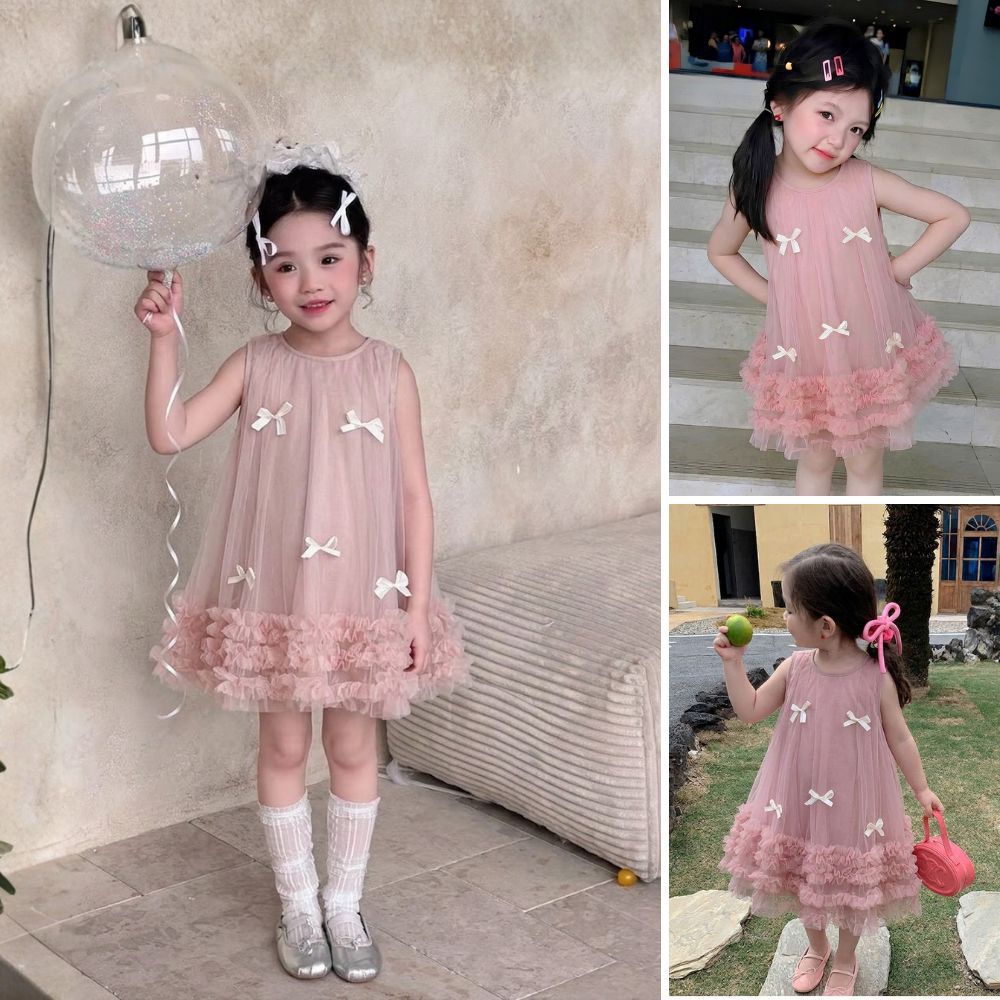 Váy Cho Bé Gái,Váy Công Chúa Sát Nách Đính Nơ Phong Cách Tiểu Thư Chất Liệu Lụa Cao Cấp