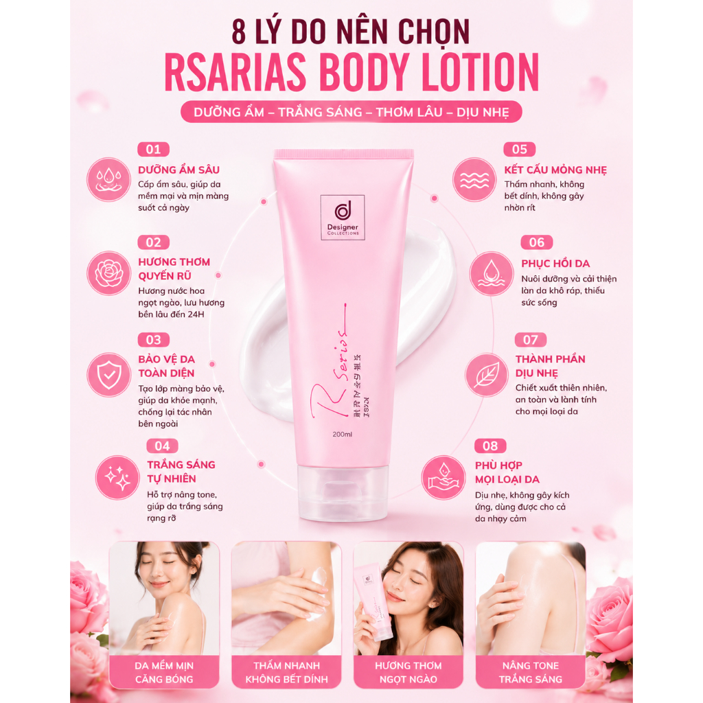 Kem Dưỡng Thể Rsarias 200ml Chính Hãng Thái Lan - Dưỡng Ẩm Sâu, Da Mềm Mịn, Hương Nước Hoa, Thơm Lâu
