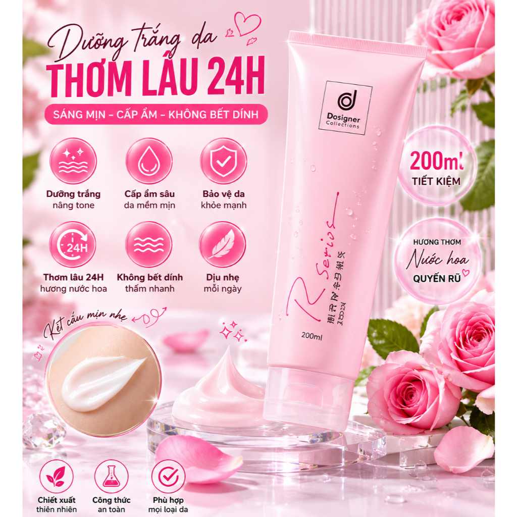 Kem Dưỡng Thể Rsarias 200ml Chính Hãng Thái Lan - Dưỡng Ẩm Sâu, Da Mềm Mịn, Hương Nước Hoa, Thơm Lâu
