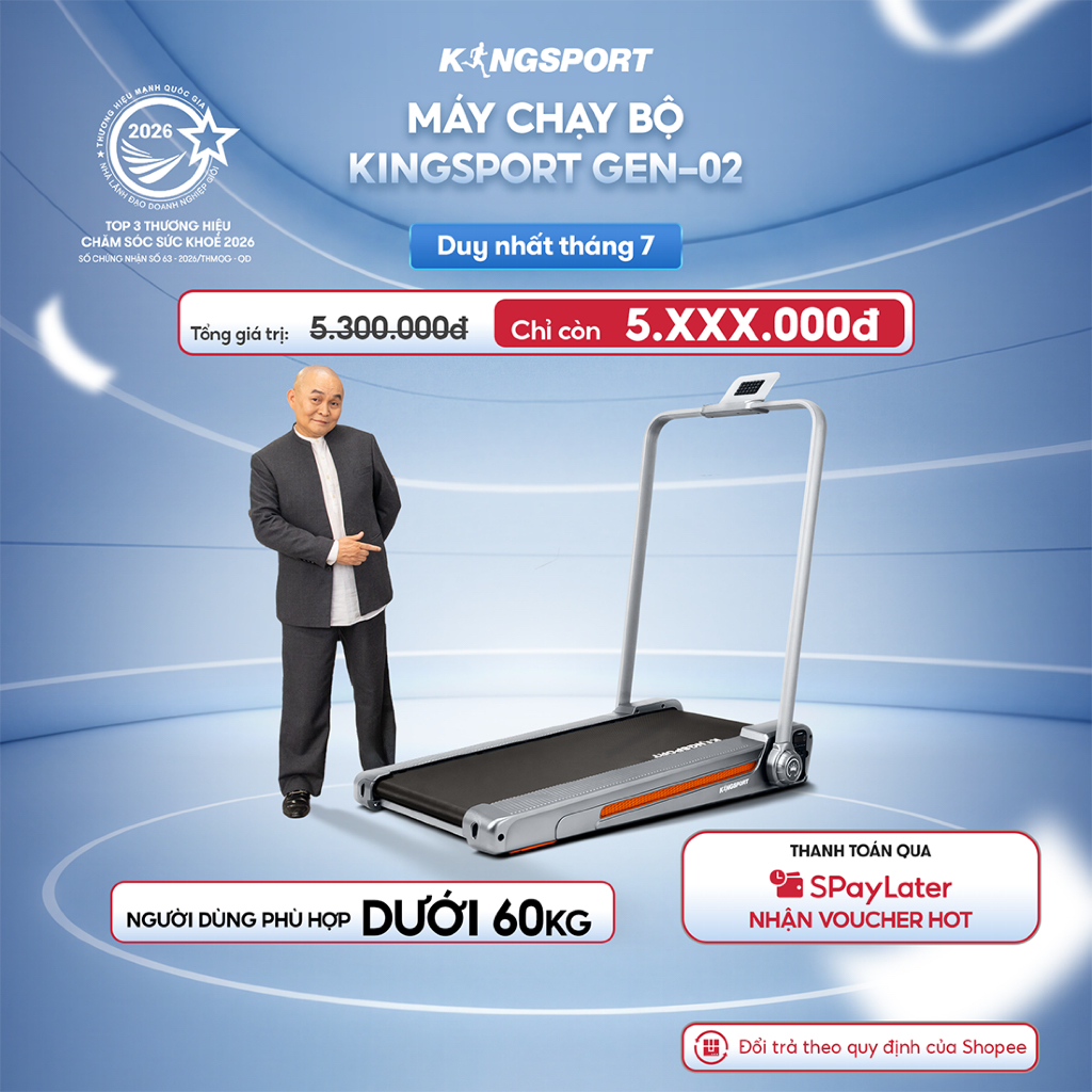 [KOL] Máy chạy bộ KINGSPORT Gen 02 nhỏ gọn, tốc độ đến 8km/h, khung sườn chắc chắn, độ dốc 3 cấp độ