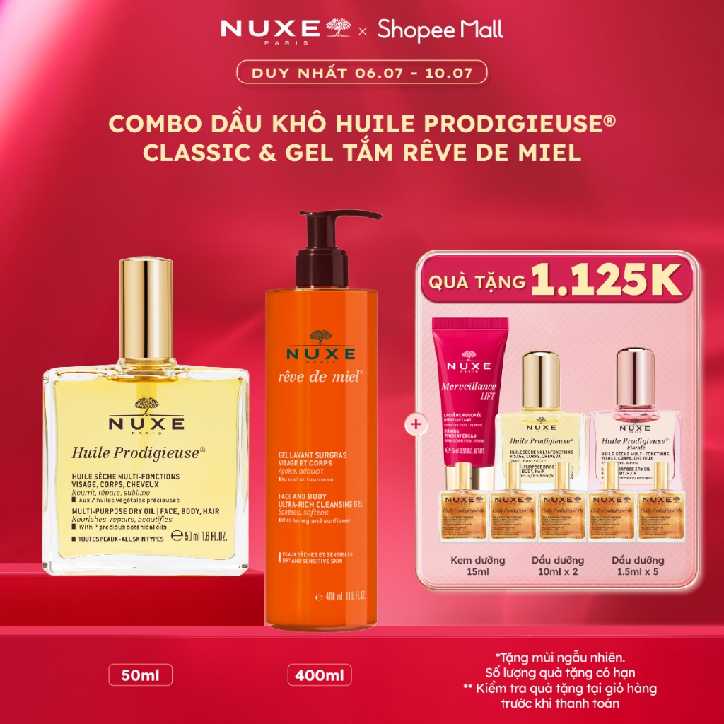 Combo Dầu khô Nuxe Huile Prodigieuse Multi-Purpose Dry Oil 50ml & Gel rửa mặt tắm toàn thân