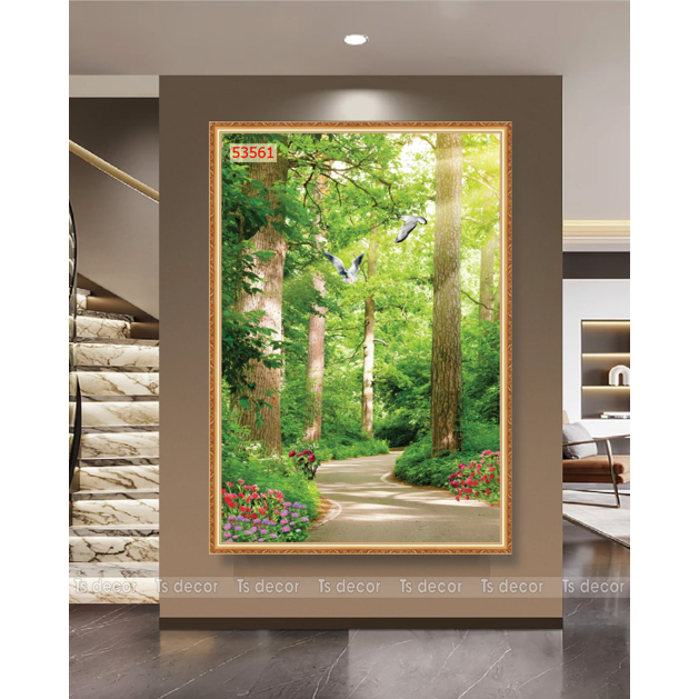 Tranh lụa dán tường 3D phong cảnh con đường rừng cây. Kèm keo dán và dụng cụ dán