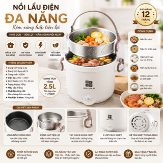 Nồi Lẩu Điện Mini Đa Năng Kèm Gía Hấp Dung Tích 2,5L Chống Dính, Công Suất 600W, Dễ Dàng Vệ Sinh