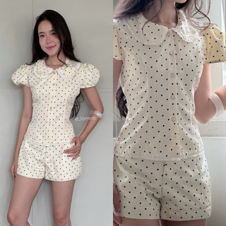 Bibi Puff | Áo kiểu cổ bèo hoạ tiết chấm bi, form tay phồng, phối dây eo phong cách thanh lịch, đơn giản | ByMintt