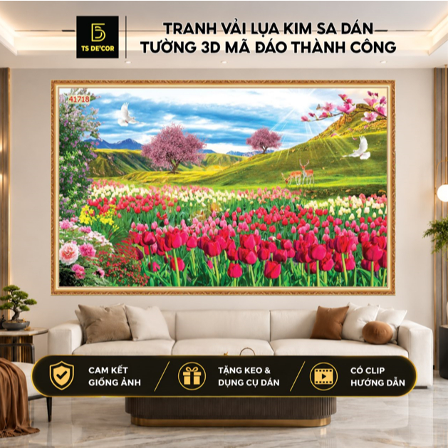 Tranh dán tường 3D lụa kim sa chủ đề phong cảnh thiên nhiên sắc màu