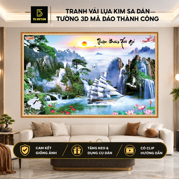 Tranh dán tường 3d vải lụa Thuận Buồm Xuôi Gió tranh phong thủy mang lại may mắn...